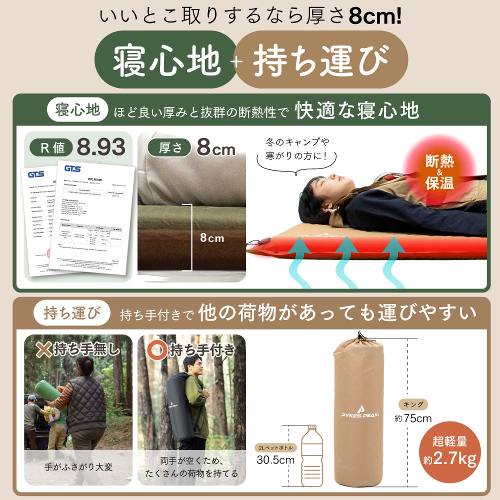 PYKES PEAK (パイクスピーク) キャンプ マット インフレーターマット 8cm 裏面スエード 自動膨張 車中泊マット 収納袋付き リペアシート付き 車中泊も出来るインフレーターマット