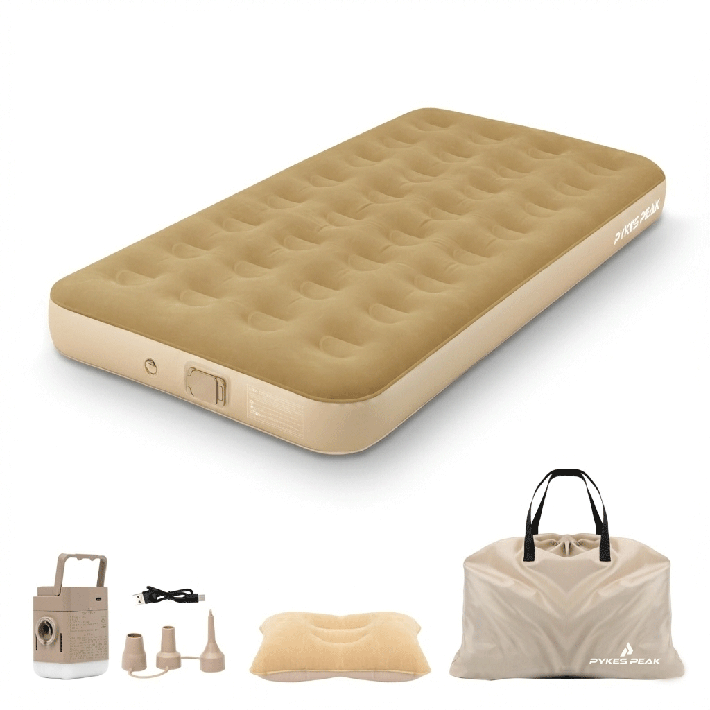 PYKES PEAK 電動式エアーベッド シングル キャンプ用品 電動ポンプ内蔵 自動膨張 コンパクト 持ち運び便利 折りたたみ 厚さ20cm ワンタッチで空気抜け 防水性・通気性・快適性 寝袋 枕付き 防災用品 来客用 キャンプ 車中泊 エアマット エアーマット