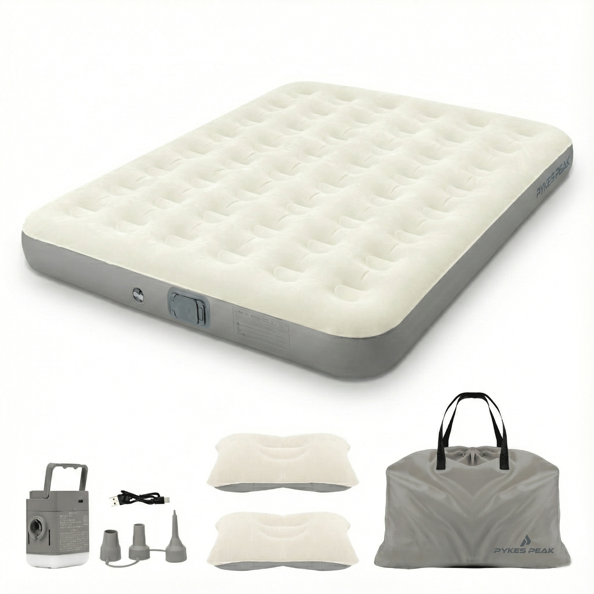 PYKES PEAK 電動式エアーベッド シングル キャンプ用品 電動ポンプ内蔵 自動膨張 コンパクト 持ち運び便利 折りたたみ 厚さ20cm ワンタッチで空気抜け 防水性・通気性・快適性 寝袋 枕付き 防災用品 来客用 キャンプ 車中泊 エアマット エアーマット