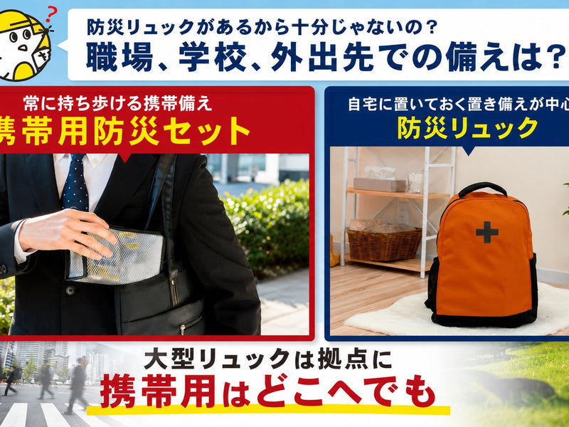 防災リュックは家にある。でも、「今いる場所で災害が起きたら？」外出先の"もしも"に備える安心の12点セットが新登場。期間限定25%OFF