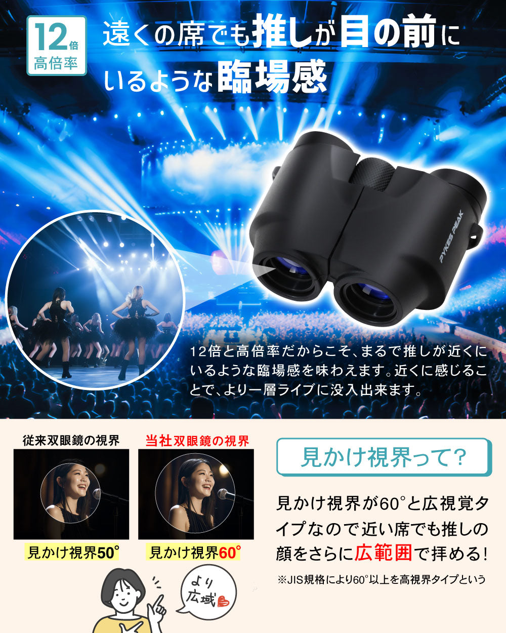PYKES PEAK (パイクスピーク) 双眼鏡 ライブ用 12倍 軽量 260g コンパクト 高倍率 コンサート スポーツ観戦 アウトドア