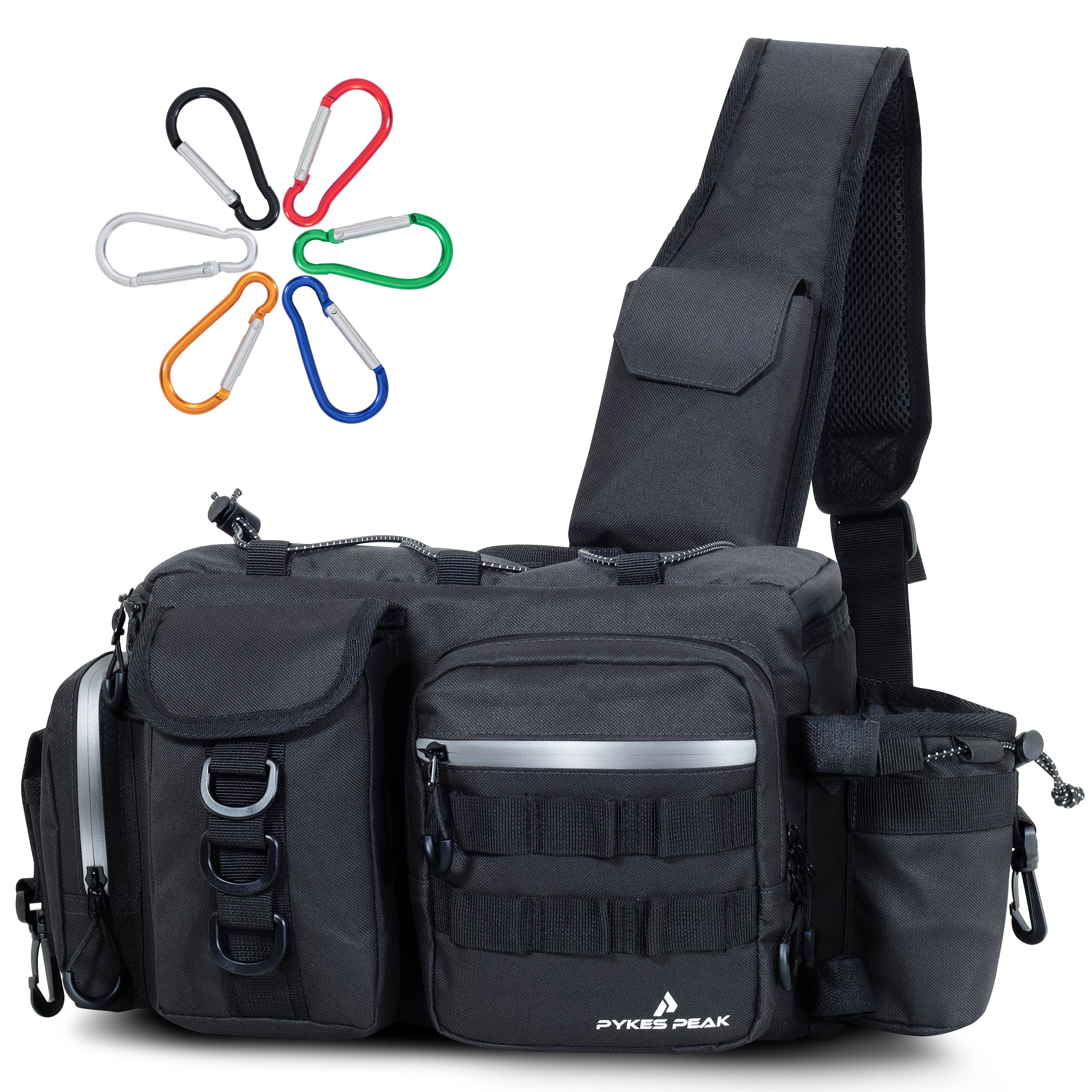 フィッシングショルダーバッグ PYKES PEAK 釣り バッグ Mサイズ フィッシング バッグ タックルバッグ ショルダー 釣り 道具 収納 バッグ ウエスト ランガンバッグ 防水 ショルダー 大容量 カラビナ6個付き
