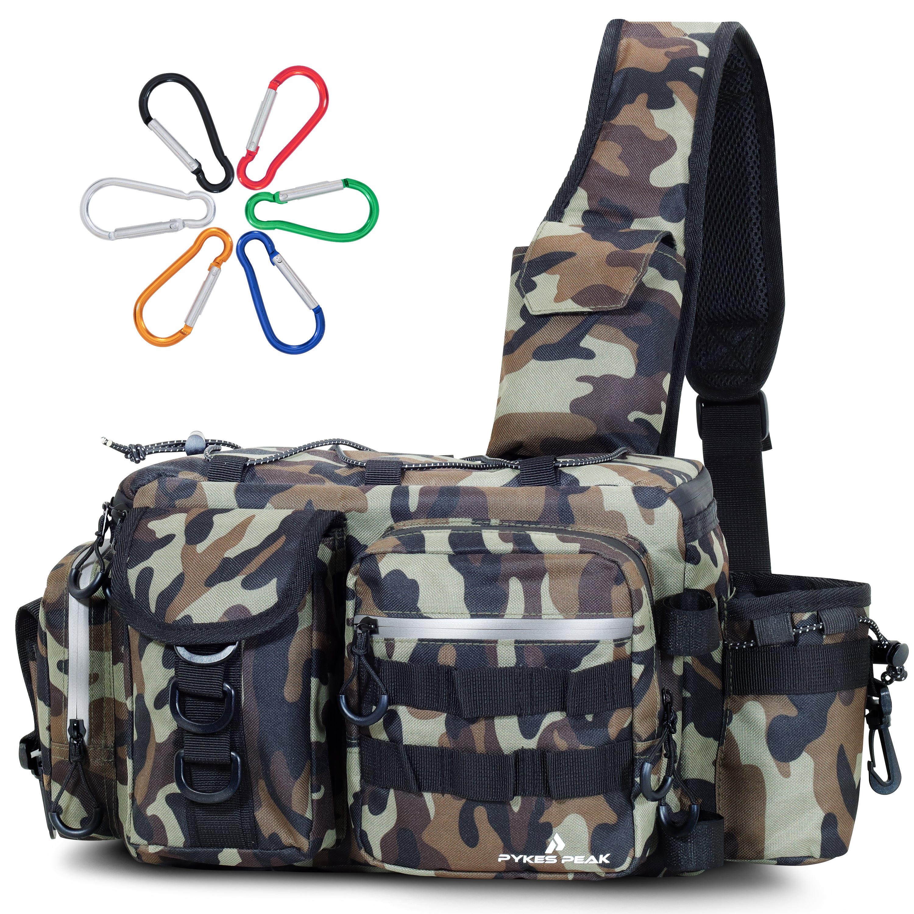 フィッシングショルダーバッグ PYKES PEAK 釣り バッグ Mサイズ フィッシング バッグ タックルバッグ ショルダー 釣り 道具 収納 バッグ ウエスト ランガンバッグ 防水 ショルダー 大容量 カラビナ6個付き