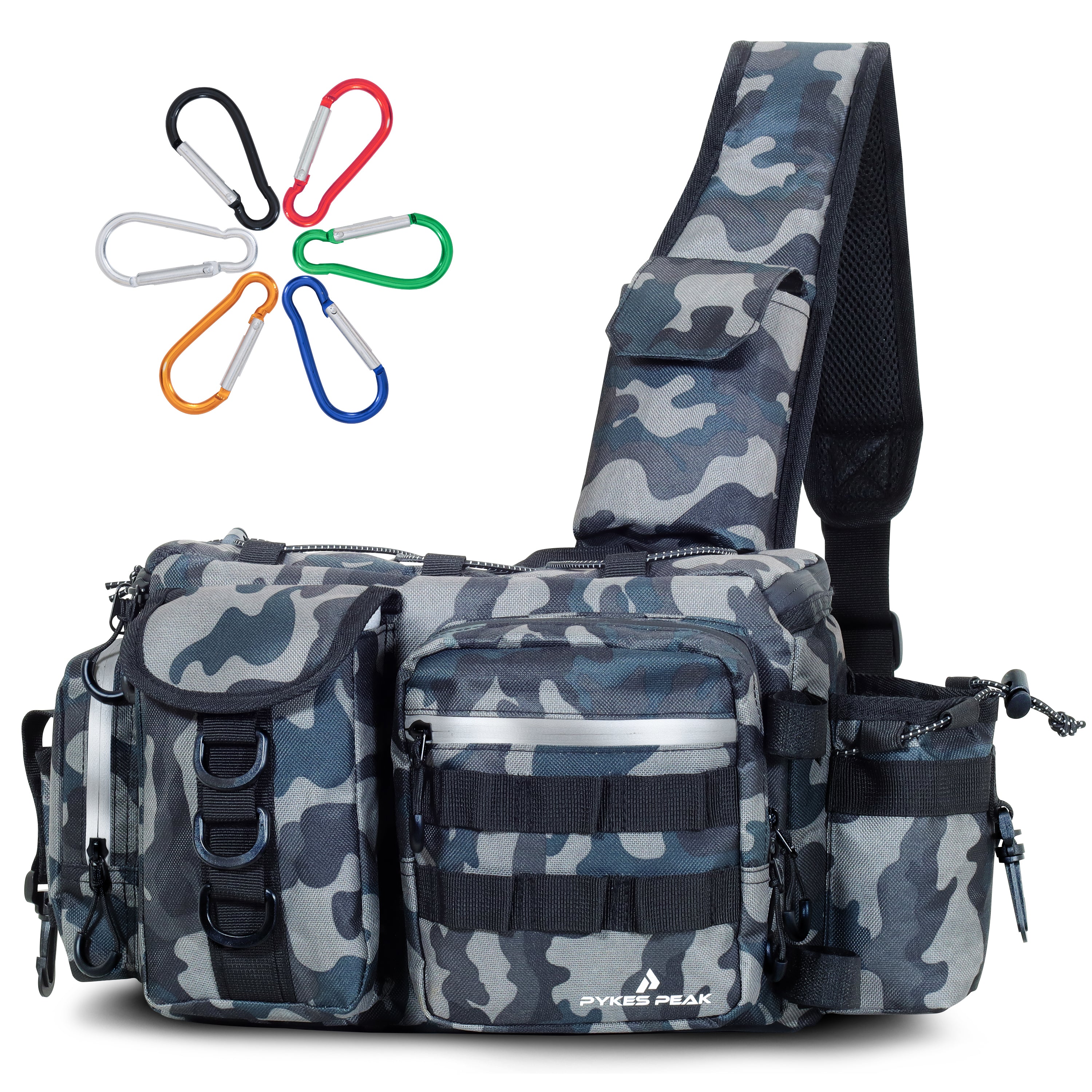 フィッシングショルダーバッグ PYKES PEAK 釣り バッグ Mサイズ フィッシング バッグ タックルバッグ ショルダー 釣り 道具 収納 バッグ ウエスト ランガンバッグ 防水 ショルダー 大容量 カラビナ6個付き