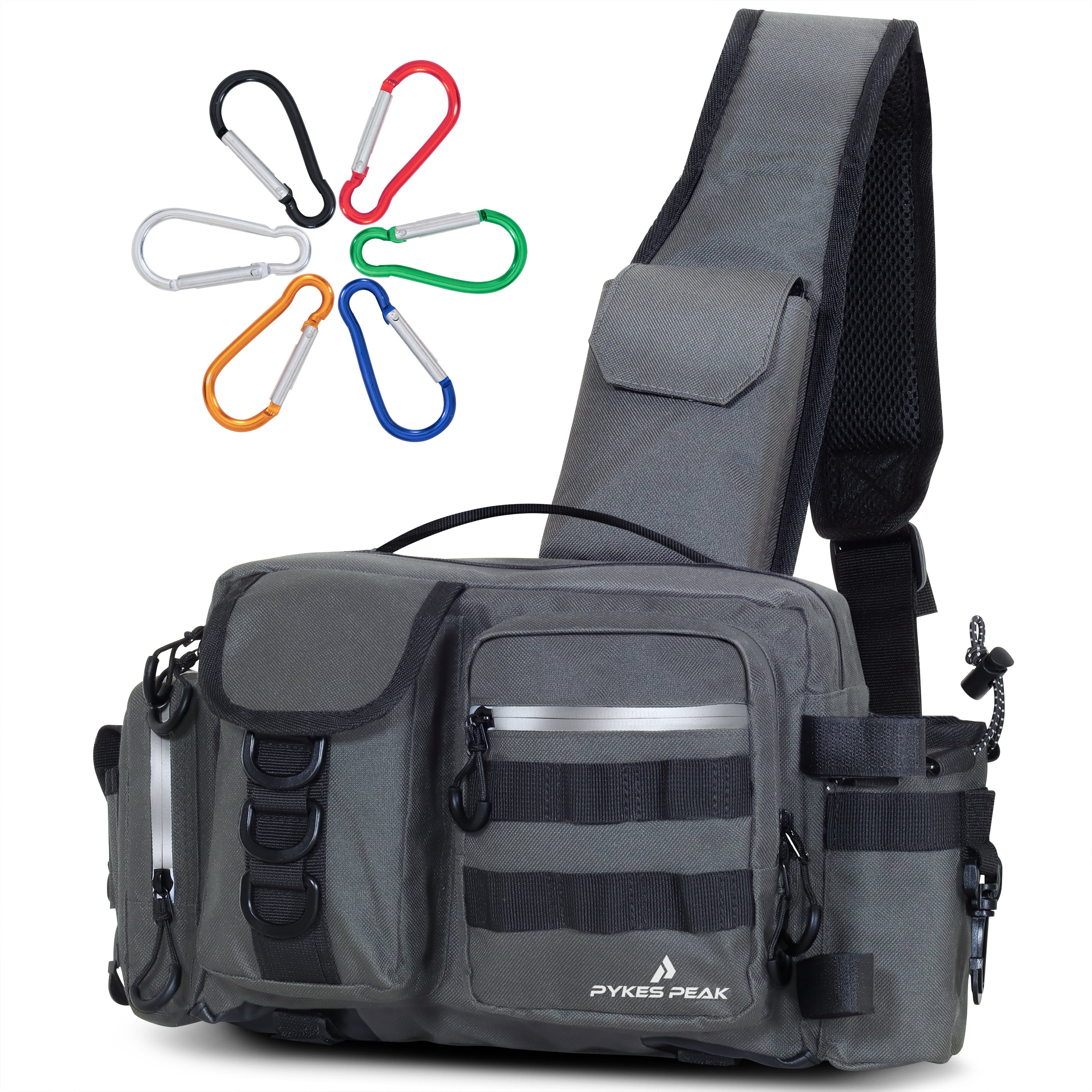 フィッシングショルダーバッグ PYKES PEAK 釣り バッグ Mサイズ フィッシング バッグ タックルバッグ ショルダー 釣り 道具 収納 バッグ ウエスト ランガンバッグ 防水 ショルダー 大容量 カラビナ6個付き