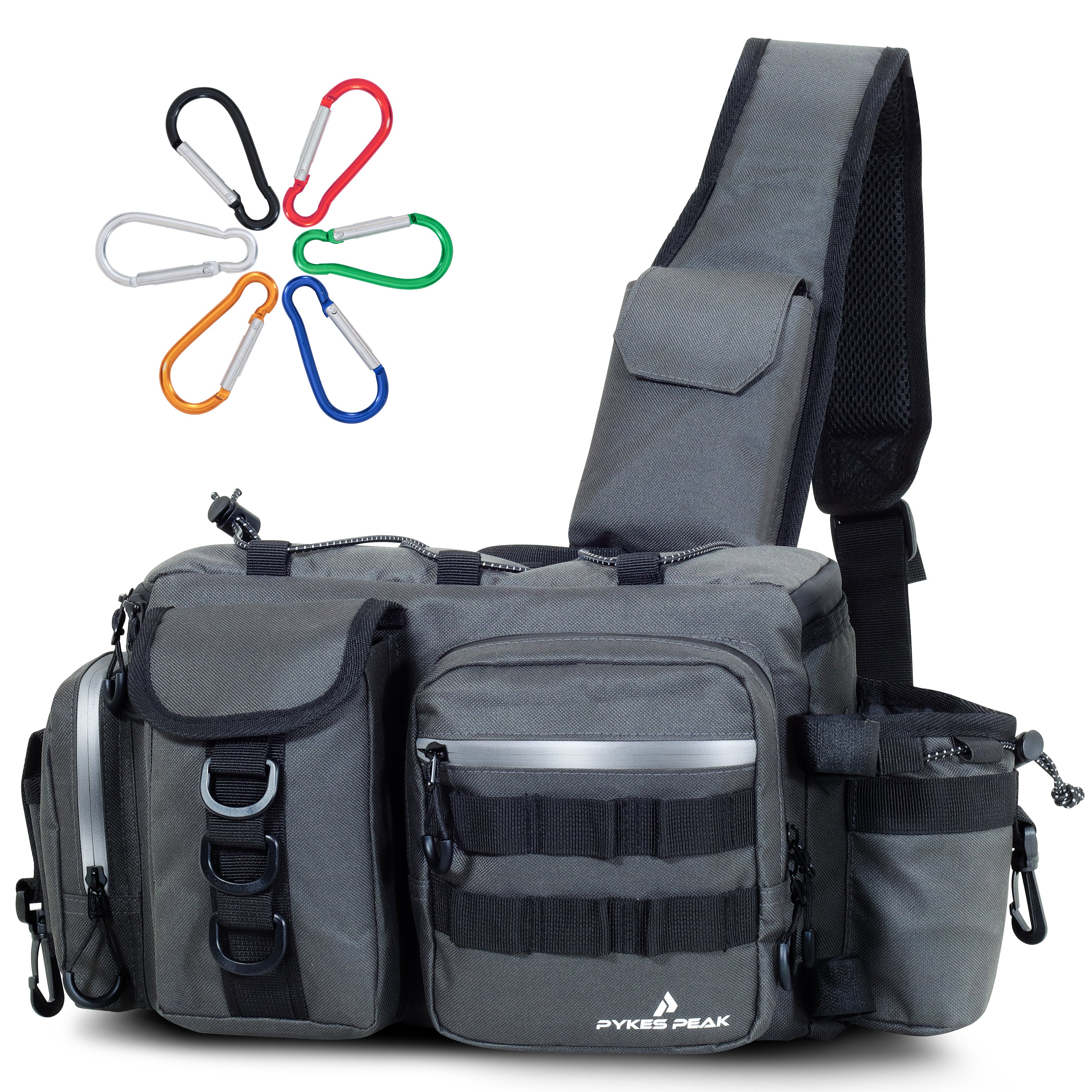 フィッシングショルダーバッグ PYKES PEAK 釣り バッグ Mサイズ フィッシング バッグ タックルバッグ ショルダー 釣り 道具 収納 バッグ ウエスト ランガンバッグ 防水 ショルダー 大容量 カラビナ6個付き