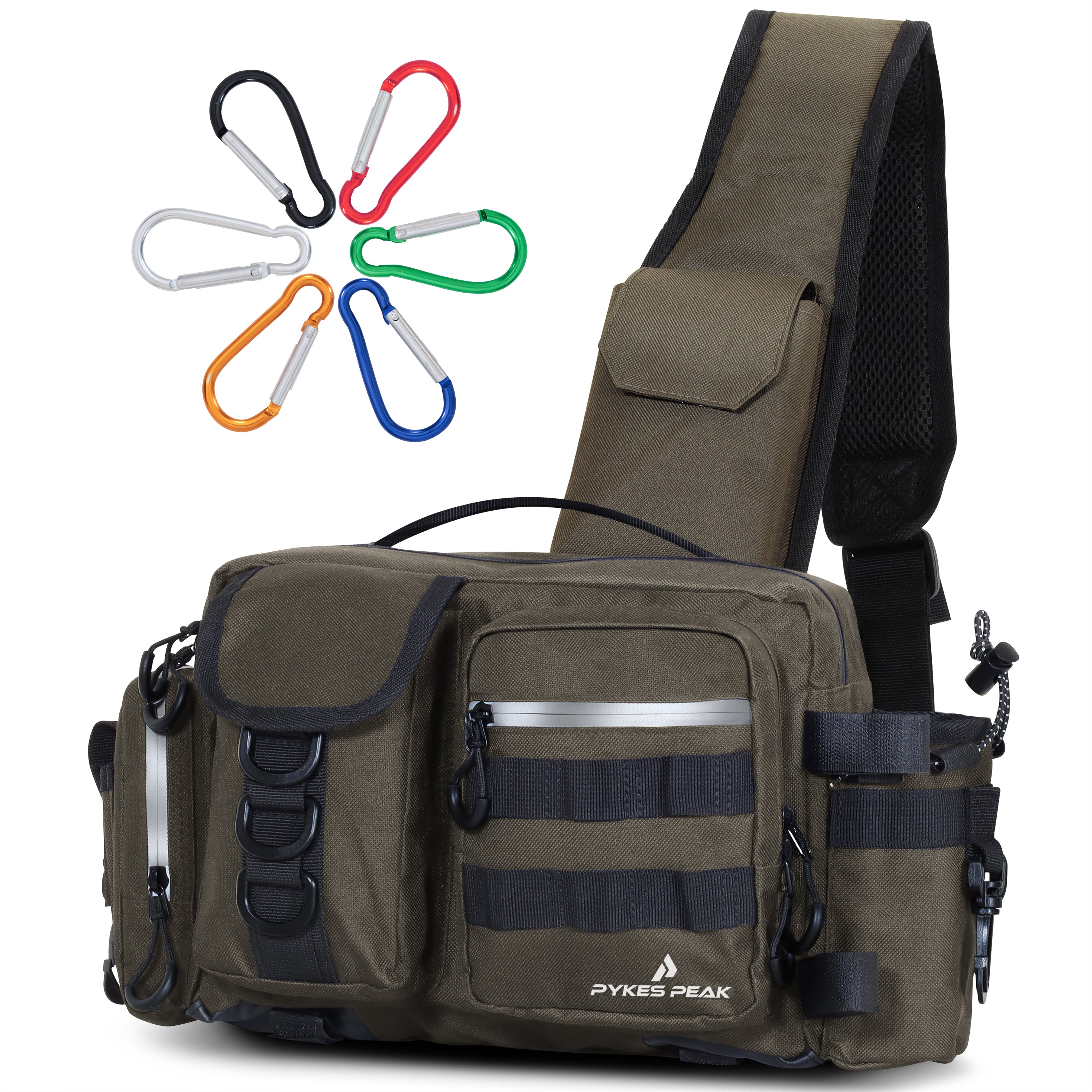 フィッシングショルダーバッグ PYKES PEAK 釣り バッグ Mサイズ フィッシング バッグ タックルバッグ ショルダー 釣り 道具 収納 バッグ ウエスト ランガンバッグ 防水 ショルダー 大容量 カラビナ6個付き