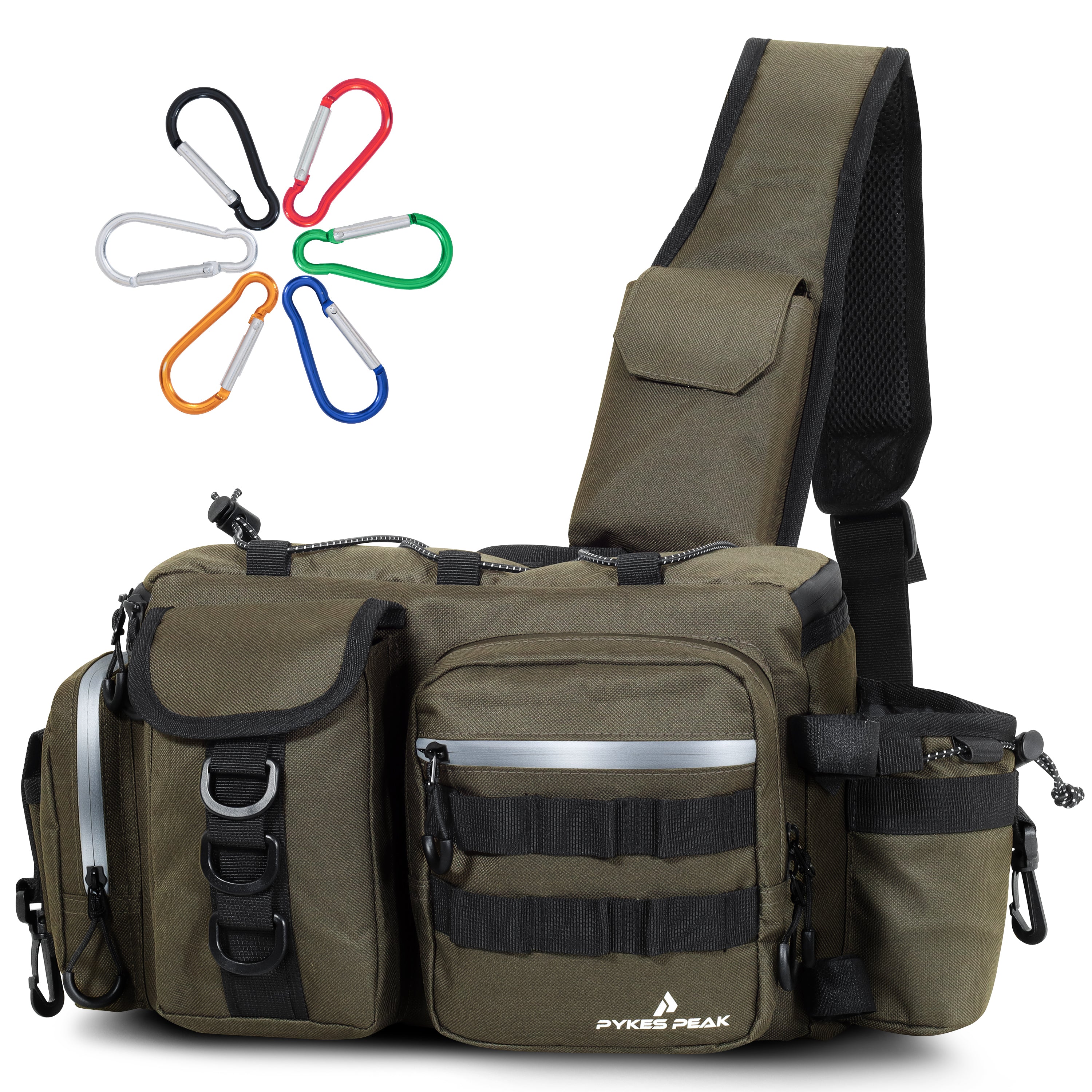 フィッシングショルダーバッグ PYKES PEAK 釣り バッグ Mサイズ フィッシング バッグ タックルバッグ ショルダー 釣り 道具 収納 バッグ ウエスト ランガンバッグ 防水 ショルダー 大容量 カラビナ6個付き