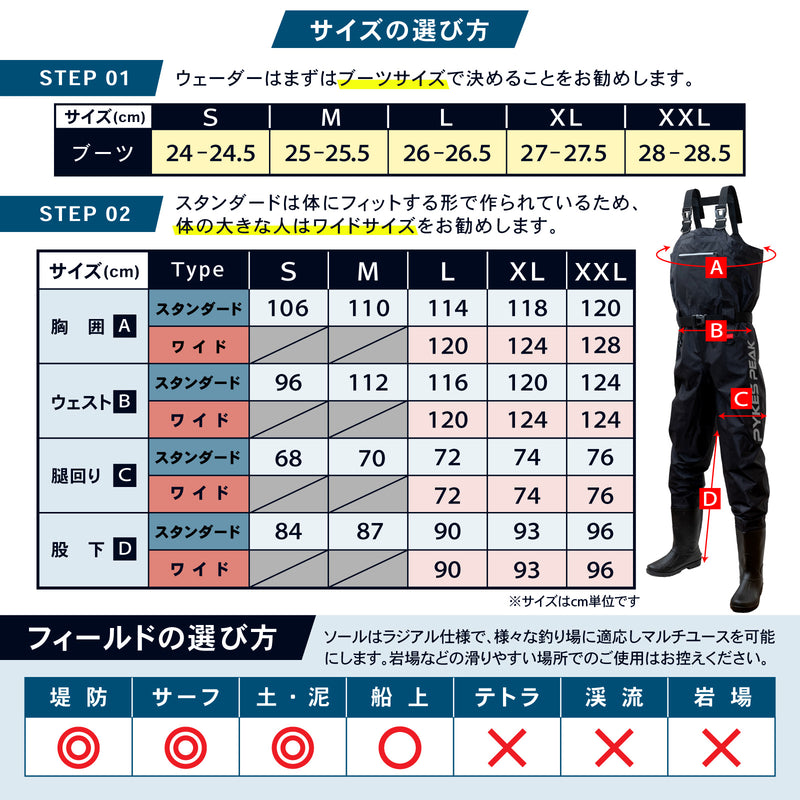 PYKES PEAK (パイクスピーク) ウェーダー 釣り ラジアルソール チェストハイ サーフ 選べる2タイプ 完全防水 ナイロン 内側がベタつかない
