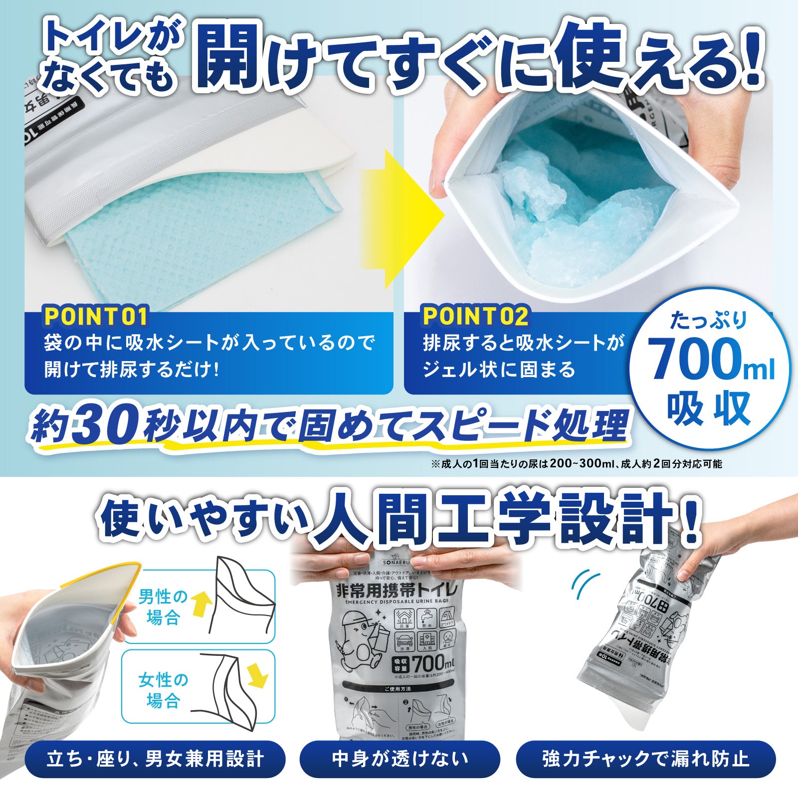 【防災士推奨】PYKES PEAK 携帯トイレ 3枚入 吸収容量700ml 簡易トイレ 防災トイレ 携帯トイレ 防災グッズ 防災 災害用 非常用 モグラ隊長