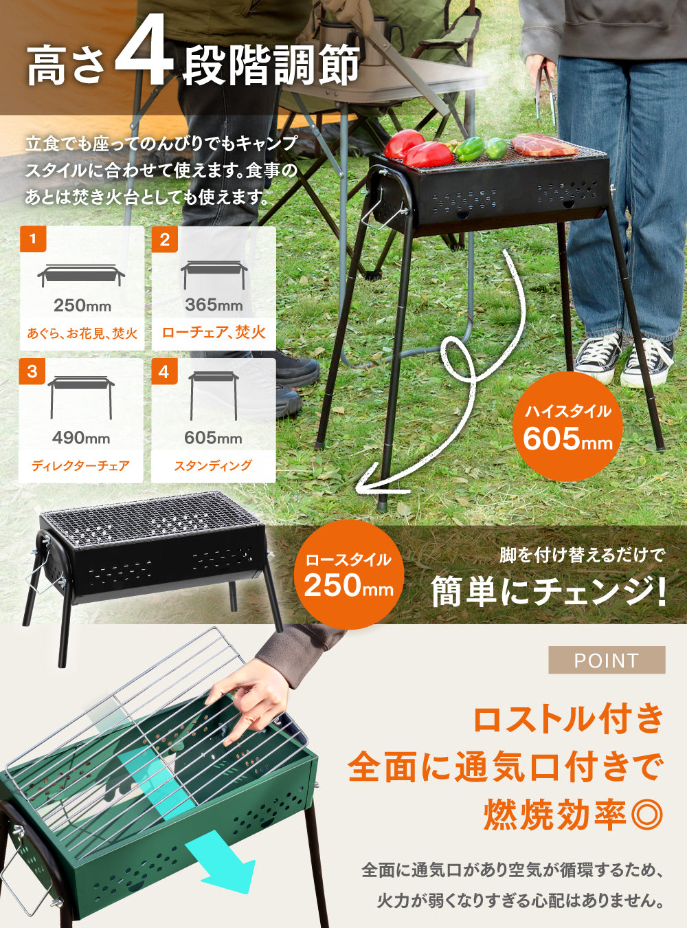 PYKES PEAK(パイクスピーク) バーベキューコンロ BBQ コンロ 大型 大人数 1人～4人用 コンパクト アウトドア キャンプ 4段階高さ調整 COMPACT GRILL X-S ブラック