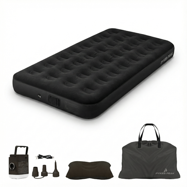 PYKES PEAK 電動式エアーベッド シングル キャンプ用品 電動ポンプ内蔵 自動膨張 コンパクト 持ち運び便利 折りたたみ 厚さ20cm ワンタッチで空気抜け 防水性・通気性・快適性 寝袋 枕付き 防災用品 来客用 キャンプ 車中泊 エアマット エアーマット